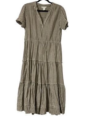 Cynthia Rowley Striped Linen Blend Brown and White Tiered V Neck Dress Sz L